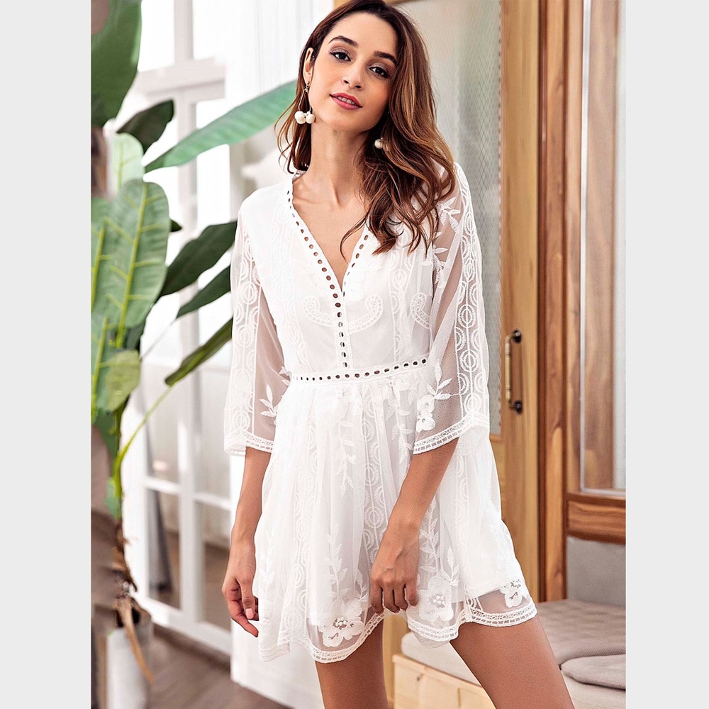 Embroidery on Mesh V-Neck White Mini Dress - Picture 4 of 8